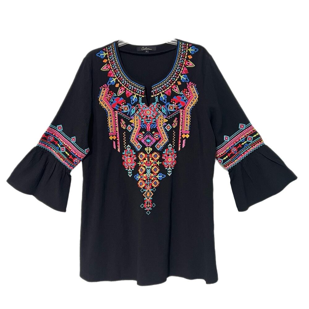 Caleoas Embroidered Tunic Women’s Large Black Multicolor Top Peasant Cottagecore